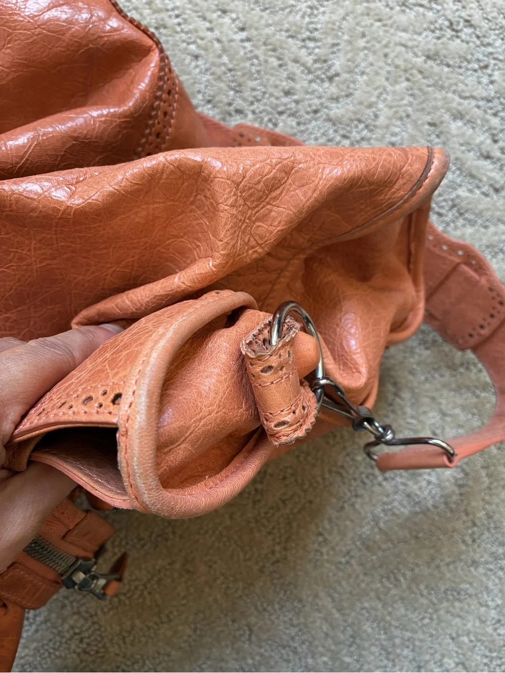 Authentic Balenciaga  City Lace-trimmed Motorcycle Bag– Orange Distressed Leat